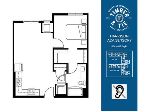 Floor plan for 1 bed, 1 bath, 666 sqft